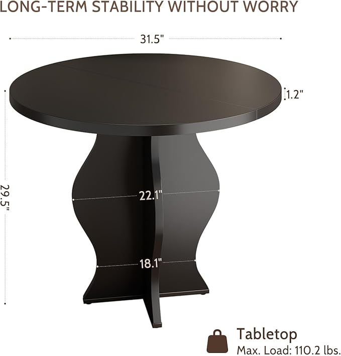 31.5 Inch Small Round Dining Table for 2, Modern Farmhouse Wood Kitchen Table, Rustic Black Circle Dining Room Table with Pedestal Base for Kitchen and Dining Room Furniture
