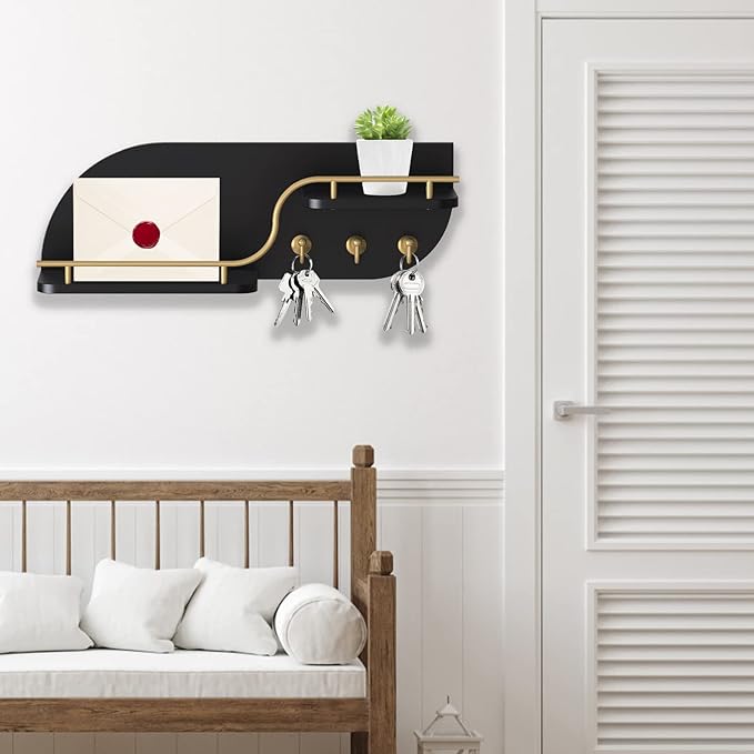 Key Holder for Wall, Decorative Key and Mail Organizer with 3 Metal Hooks and 2 Shelves, Wood Wall Mounted Key Rack for Entryway, Black