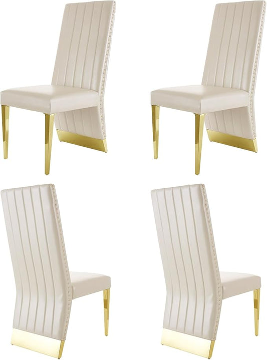 White and Gold Dining Chairs, White Faux Leather Upholstered Dining Chair Set of 4, Glam Nailhead Trim Dining Chairs with Gold Legs