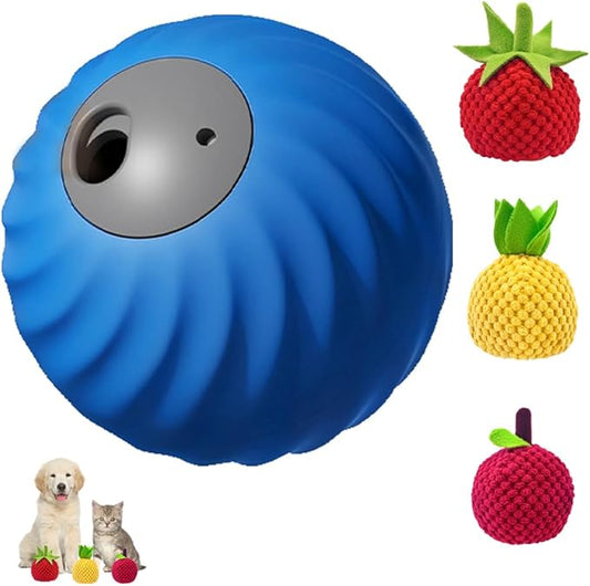 Smart Interactive and Treat Dispenser Auto Rolling Ball, Dual Modes,USB-C Rechargeable, Durable Pet Safe Design,for Small Or Medium Dogs and Cat (Blue Ball Plush Fruit Set)