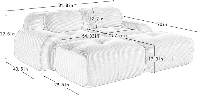 80" Modern Compressed Boneless Love Seat Couches with 2 Ottomans, 2 Seater Large Sectional Couches for Living Room, Blue Corduroy Cloud Modular Sectional Sofa, Memory Foam, Deep Loveseat, No Assembly