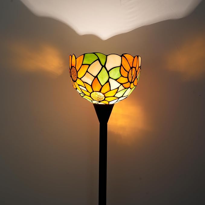 Tiffany Floor Lamp Tochiere Standing Lamp Yellow Sunflower Style Stained Glass Floor Light Vintage Tall Pole Uplight Corner Lamp with Foot Switch for Home Decor Living Room Bedroom