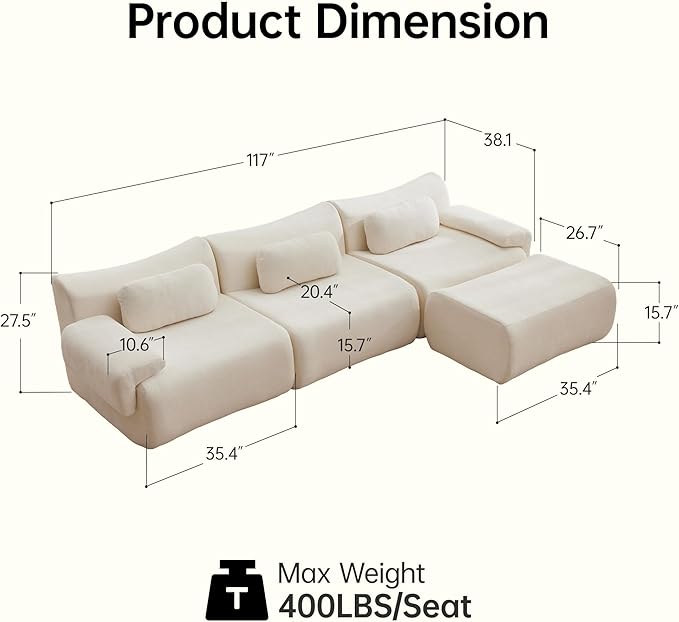 117”L Shaped Modern Sofa Modular Sectional Cloud Couch with Ottoman,Oversized Boneless Sofa,3+1 Seater Chenille Deep-Seat Sofa with 3 Pillows,Suitable for Living Room or Bedroom(White)