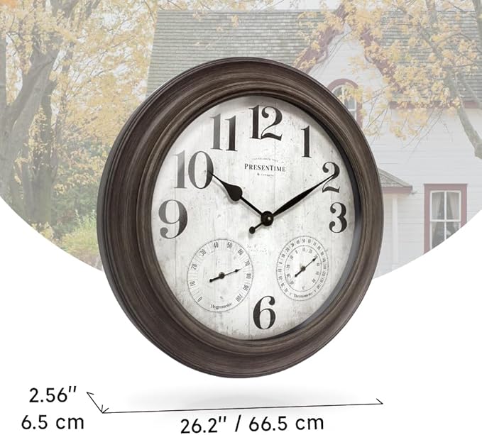 Presentime & Co. 26" Clifton in/Outdoor Farmhouse Clock with Thermometer & Hygrometer as All in One Weather Station, Farmhouse Wall Art and Timepiece for Home Decoration, Grey Oak Finish