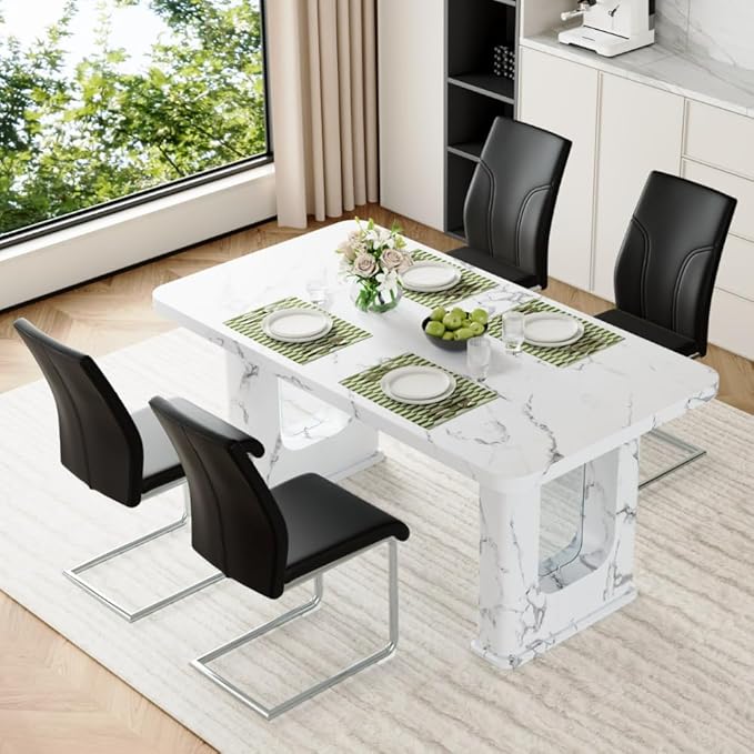 64.5" White Dining Table Set for 4, Modern Kitchen Table and Chairs Set with PU Leather Cushioned Chairs & Decorative Pedestal Base, 5 Piece Marble Pattern Dining Table Set for Dining Room or Kitchen