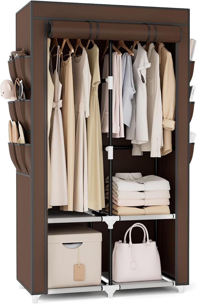 VTRIN Portable Closet Wardrobe for Hanging Clothes with 4 Storage Shelves, 2 Hanging Rods and 6 Pockets, Stable and Easy Assembly Clothes Rack with Cover Free Standing Closet, Brown