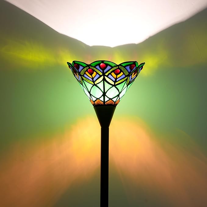 Tiffany Torchiere Floor Lamp Green Peacock Tail Style Stained Glass Floor Light Antique Tall Standing Lamp Handcrafted Pole Reading Uplight Lamp for Home Office Living Room