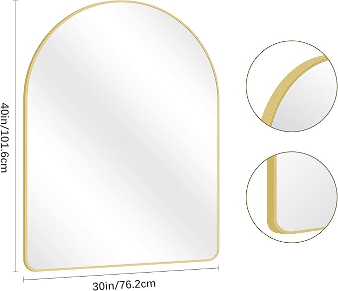 Arched Bathroom Mirror, 30"x40" Gold Arched Mirror for Bathroom, Wall Mounted Mirror, Gold Vanity Wall Mirror w/Metal Frame for Bedroom, Entryway, Living Room, Vertically Hanging or Leaning Against