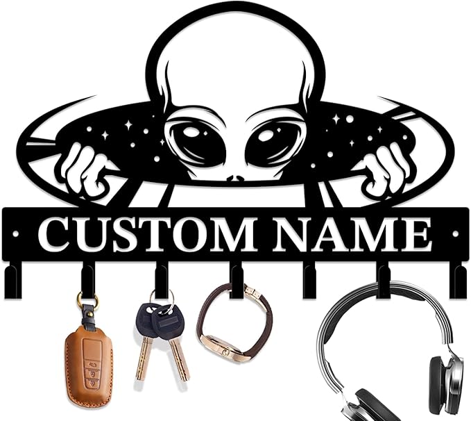 Personalized Custom Alien ET Metal Wall Keys Hooks,Clothes Hooks Alien ET Art Coat Racks,Door Holder,Black Alien ET Decorations for Home,Entrance Doors,Hallway, Bedroom,Keys,Hats (Style A)