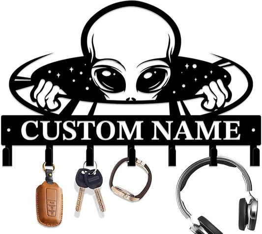 Personalized Custom Alien ET Metal Wall Keys Hooks,Clothes Hooks Alien ET Art Coat Racks,Door Holder,Black Alien ET Decorations for Home,Entrance Doors,Hallway, Bedroom,Keys,Hats (Style A)