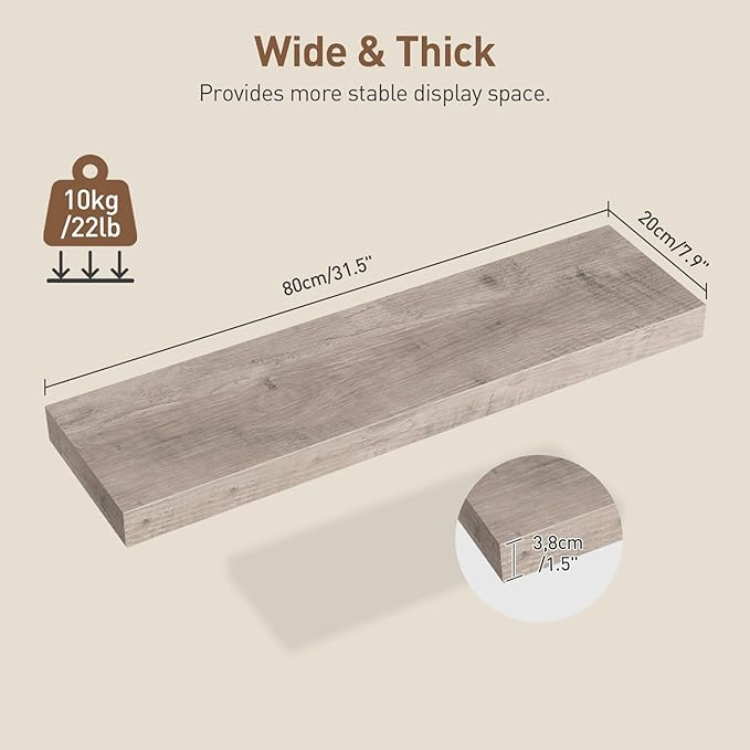 Floating Shelves for Wall, 1.5" Thick Wall Shelf Set of 3 with Invisible Brackets, L31.5 x W7.9 Hanging Book Shelves Farmhouse Home Decor for Bathroom, Living Room, Bedroom, Greige 8301BJP3BG