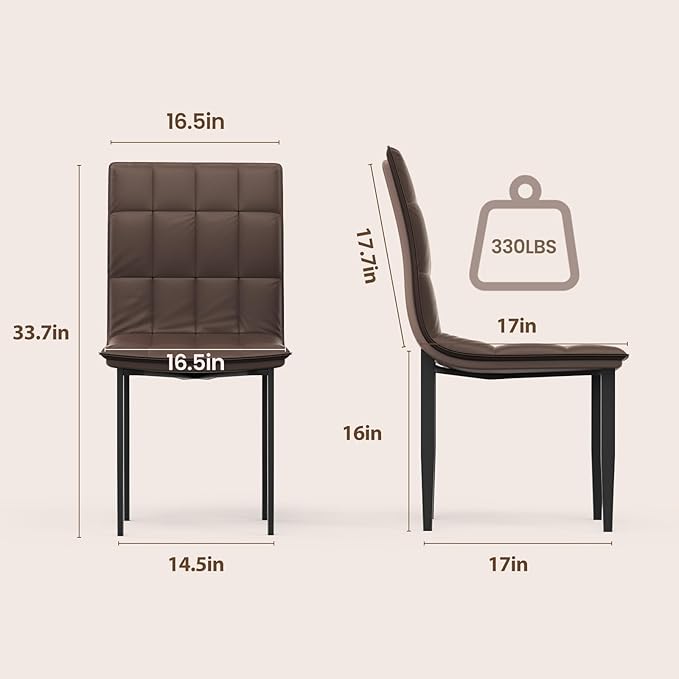 Dining Chairs Set of 2, PU Leather Upholstered Kitchen Chair with Metal Legs, Modern Accent Chairs, Brown Dinner Chairs for Kitchen, Dining Room, Restaurant, Cafe, Bedroom, Balcony, Courtyard