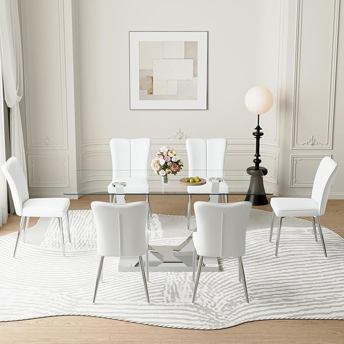 71'' Glass Dining Room Table Set for 6, Kitchen Table Set with 6 PU Leather Chairs, Tempered Glass Dining Table Set with Silver U-Shaped Table Legs and Rectangular Base