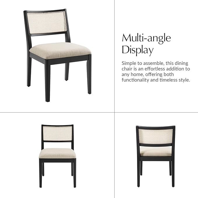 HULALA HOME Rattan Dining Chairs Set of 2, French Solid Wood Kitchen Dining Room Chairs with Curved Back, Upholstered Accent Dinner Cane Chair for Living Room Restaurant, Black