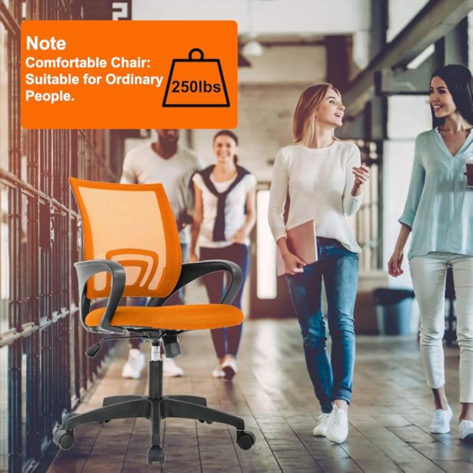 BestOffice | Ergonomic Office Chair | Mid-Back Swivel Desk Chair | Breathable Backrest & Lumbar Support | Adjustable Height | Sponge Seat | Rolling Wheels | Orange | for Adults & Women
