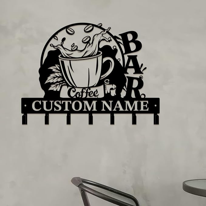 Coffee Bar Keys Holder - Metal Iron Wall Hooks with Custom Name | Personalized Home Decor & Gift Idea | Coffee-Themed Text Engraving Design (Style B)