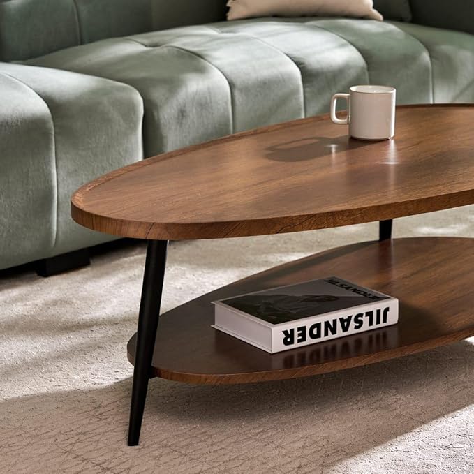 AGV Oval Coffee Table with Storage Shelf, 47" Mid Century Modern Coffee Table for Living Room, Walnut Wood Finish MDF Top with Black Metal Legs