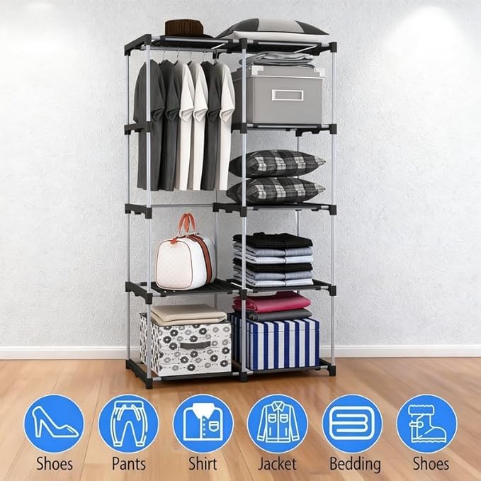 Portable Wardrobe, Clothes Organizer, Easy Hanger Wardrobe, Multiple Dividers and 3 Drawers, 6 Side Pockets Large Capacity (Durable Black)