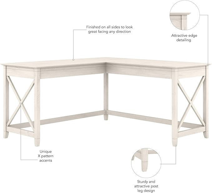 Bush Furniture Key West 60W Modern Farmhouse L Shaped Desk in Linen White Oak, 60-Inch Corner Computer Table for Home Office Workspace