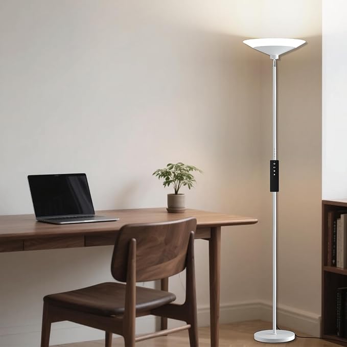 White Torchiere Floor Lamp - 30W Dimmable LED Standing Lamp with Remote/Button Control, 1800Lm, 3000-6500K, 72in Bright Standing Pole Light for Living Room Bedroom Office Corner