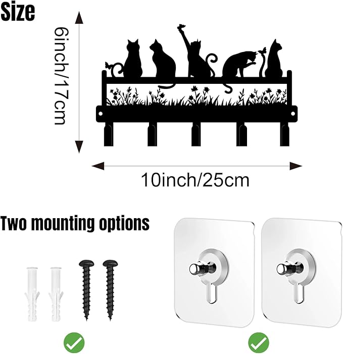 magilab Cat-Themed 10-Inch Iron Key Hooks with 5 Hooks, Black Wall Organizer - Cute Cat Design for Home Decor, No Drill & Screw-in Options (Style I)