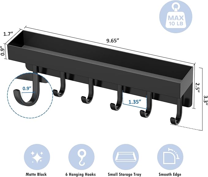 kuaima Magnetic Key Holder, Small Wall Mount Key Rack with Shelf for Fridge, 6 Metal Hooks, 9.65 Inch, 2 Installation Options, Black