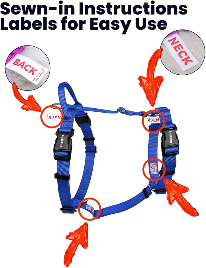 Non Restrictive Dog Harness, Easy Walk Freedom No Pull Harness, Keep Balance, Neck Buckle, 2 Leash Clips for Back/Front Clip, Sewn-in Instructions Labels for Easy Put On/Off (Blue, X-Large)