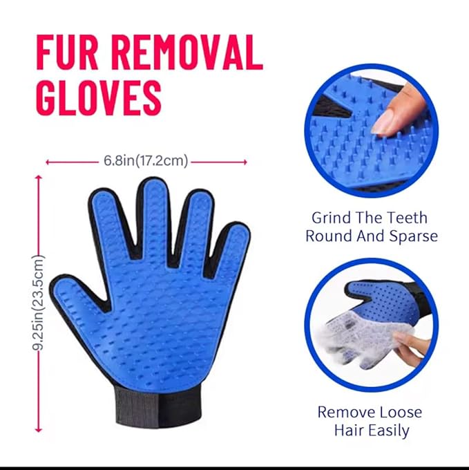2-in-1 Pet Grooming Glove & Rubber Scrubber – Deshedding Brush Mitt for Dogs & Cats – Gentle Hair Remover for Long & Short Hair, Furniture & Sofa Cleaning – Blue, Right Hand