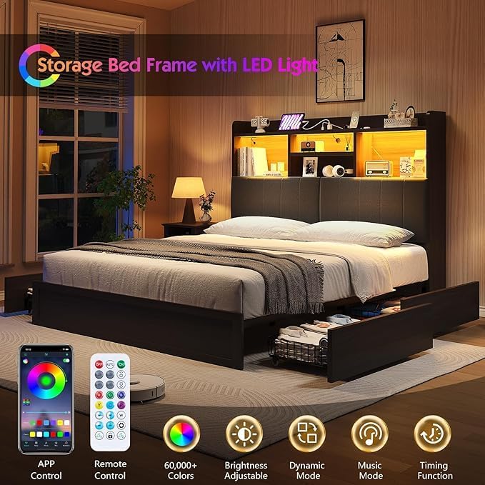 Queen Farmhouse Bed Frame with Bookcase Headboard and 4 Drawers, LED Storage Bed with Charging Station & Linen Upholstered, No Box Spring Needed,Black