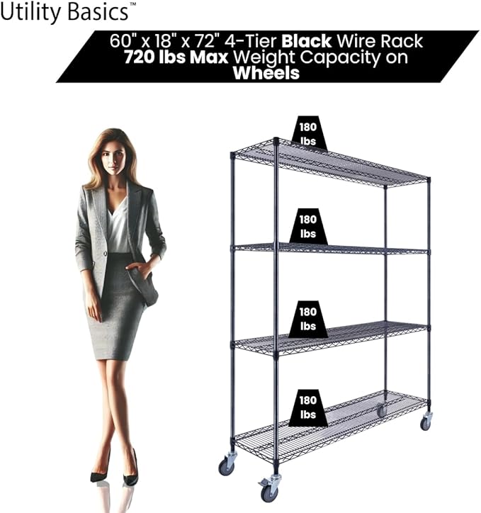 NSF Commercial 4-Tier Wire Shelving with Wheels, 60"x18"x72" Heavy Duty Metal Shelves 3200 lbs Max Capacity, Black Storage Rack for Garage Kitchen Pantry Warehouse