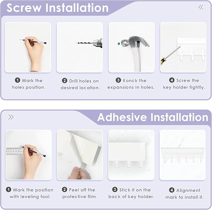 VIS'V Key Holder Wall Mount, Compact Adhesive Key Rack with Tray, 6 Hooks, 2 Mount Options, White