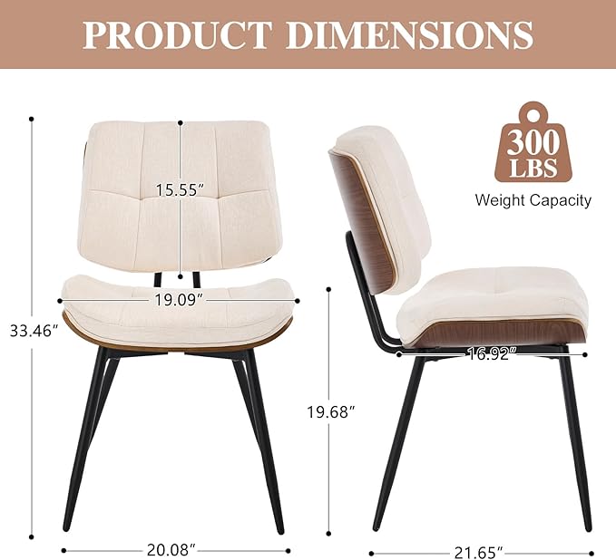 Dining Chairs Set of 4,Mid Century Modern Kitchen Chairs with Walnut Bentwood Back and Metal Legs,Upholstered Fabric Dining Room Chairs for Kitchen, Living Room,Beige
