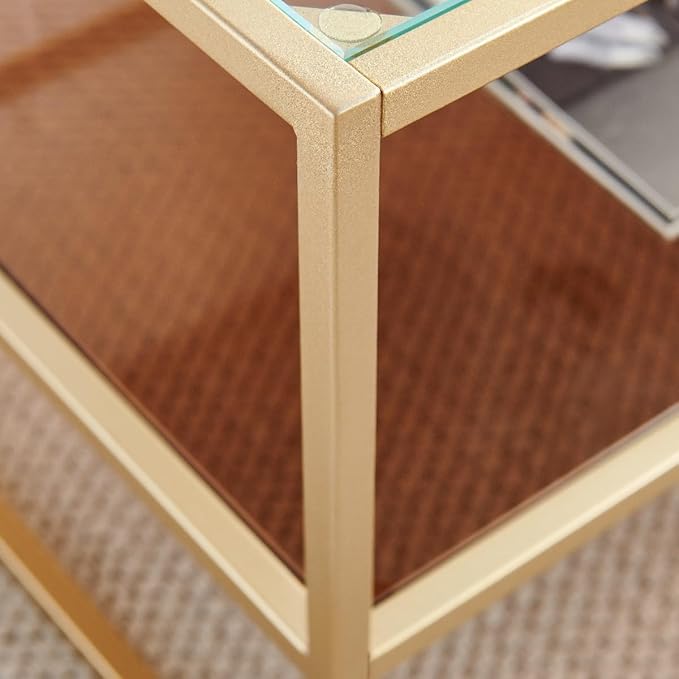 Shrine Glass Coffee Table, Dual-Layer Glass Coffee Table for The Living Room, Gold-Plated Metal Frame, Golden Hardware, Lower Tier with Tinted Glass