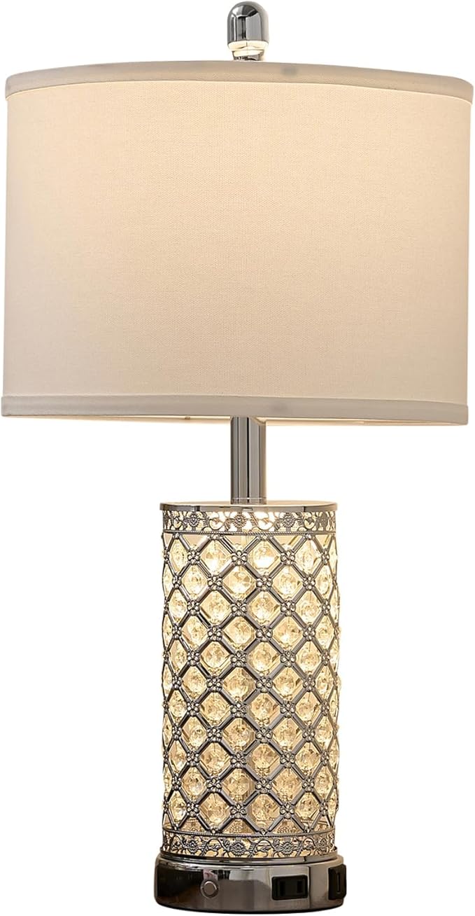 Modern Crystal Table Lamp - 24in Silver Bedroom Lamps 3-Way Dimmable Touch Lamp with Night Light, 2 USB Ports + AC Outlet, Bedside Night Stand Lamp for Living Room Office (Silver- 1 Pack 24In)