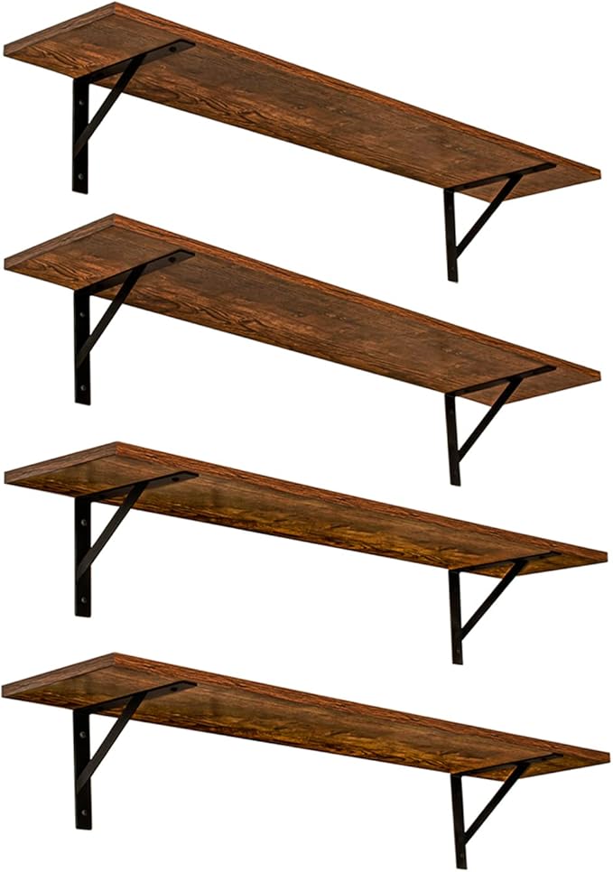 DINZI LVJ Long Wall Shelves, Set of 4, 39.4Inch Wall Mounted Shelves, Extra Large Wall Storage Ledges with Sturdy Metal Brackets for Living Room, Bathroom, Bedroom, Kitchen, Rustic Brown