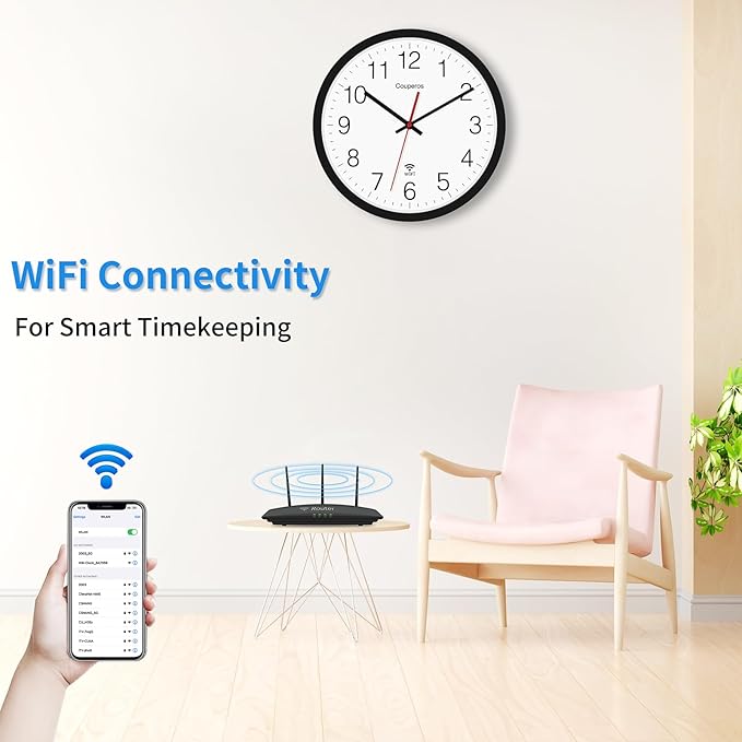 WiFi Wall Clock with Auto-DST, 12 Inch Silent Non-Ticking Round Analog Modern Battery Powered Clock Smart Analog WiFi Clock for Home Kitchen Office Classroom