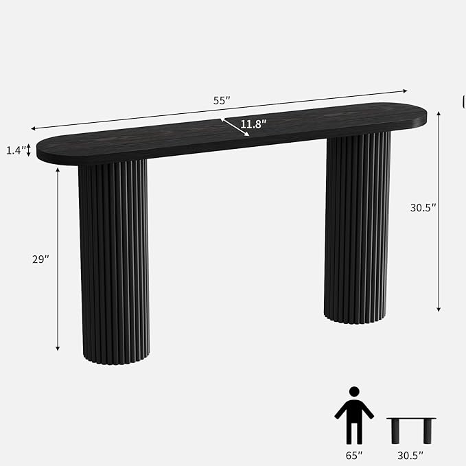 55" Fluted Console Table with Solid Wood Legs, Long Farmhouse Entryway Table with Rounded Corners, Morden Sofa Tables Behind Couch for Foyer, Entrance, Living Room, Hallway