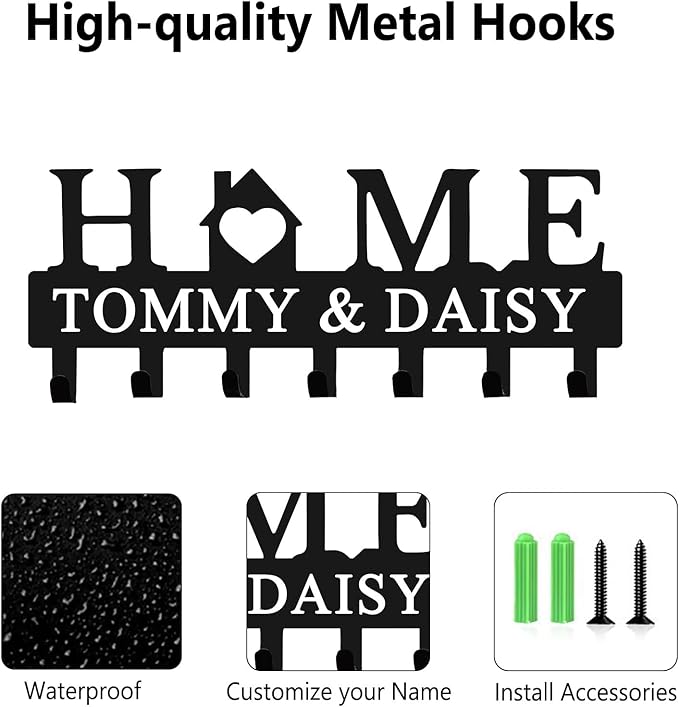 Personalized Metal Key Holder Wall Mount with Family Name Custom Key Hooks Wall Mounted Key Hooks Monogram Name Decor for Kitchen Entryway Hallway Office Doorway