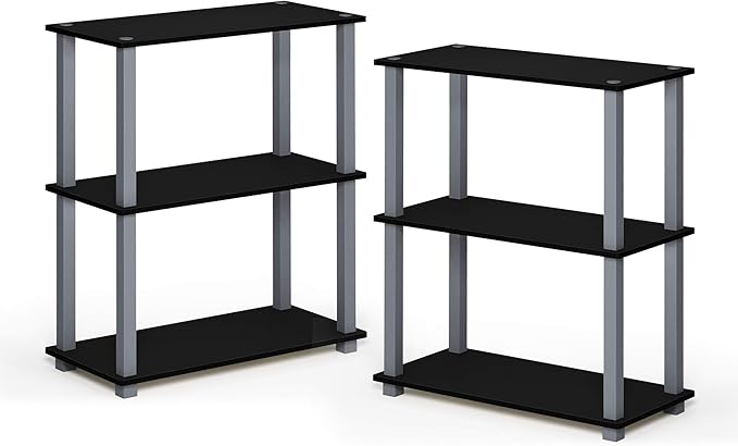 Furinno TURN-S-TUBE Storage Shelves Set of 2, 3-Tier Book Shelf, Corner Shelf, Toolless Open Shelves, Square Tubes, for Organization and Storage, Living Room, Garage, Home Office, Black