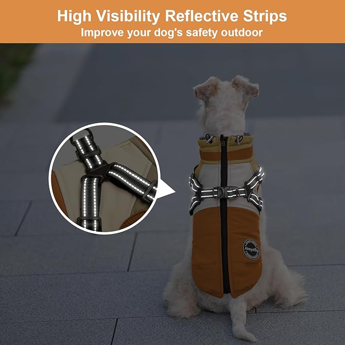 Winter Dog Coat - Waterproof, Windproof Turtleneck Fleece Vest with Harness, Reflective Snow Jacket for Small to Large Dogs, Orange XL