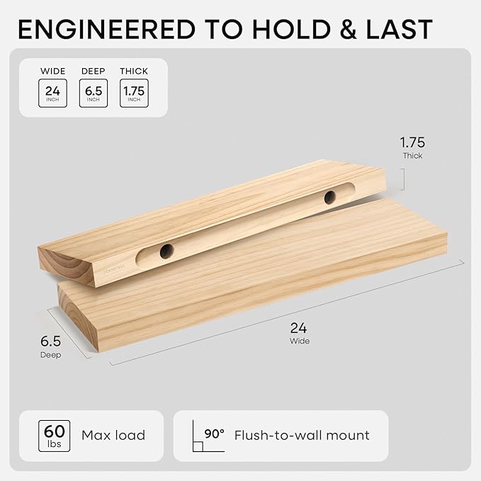 Homeforia 24 inch Natural Floating Shelf, High End Solid Real Wood 24inch Small Floating Shelves for Wall Mounted, Natural Wooden Floating Shelves, Heavy Duty Bracket, 24 X 6.5 X 1.75 in, Set of 2