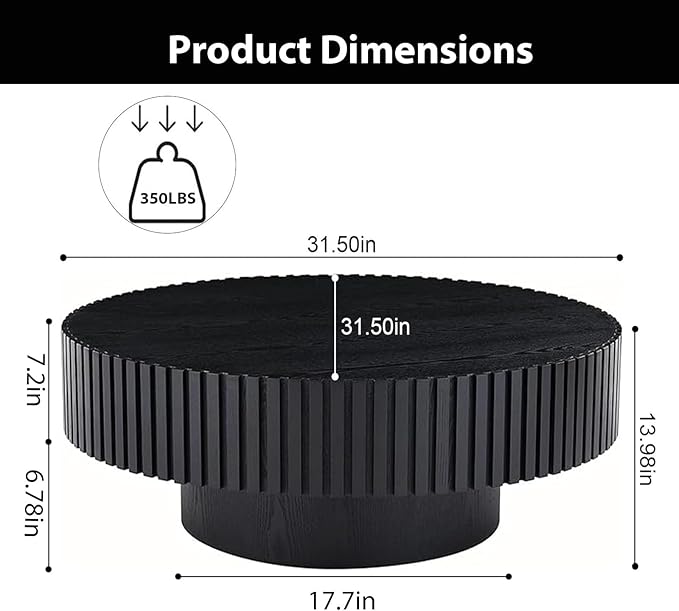 Round Coffee Table, Handcrafted Fluted Drum Coffee Tables Modern Wood Coffee Table Circle Drum Center Table for Living Room, Apartment (Round Black)