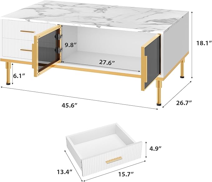 Modern White Coffee Table with Gold Metal Legs for Living Room - Large Center Table with 2 Glass Door Storage & 4 Drawers, Sintered Stone Table Top for Reception Room White
