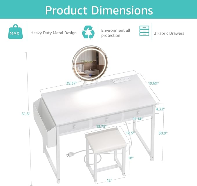 Lufeiya White Makeup Vanity Desk with Mirror and Lights, 40 inch Make Up Vanity Desks with Fabric Drawers & Power Outlet, Dressing Table and Chair Set for Girls Bedroom, White