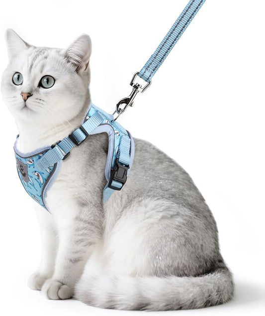 PUPTECK Cat Harness and Leash Set Escape Proof Reflective Cat Walking Harness Adjustable Soft Breathable Mesh Vest for Small Pets, Blue Sharks, M