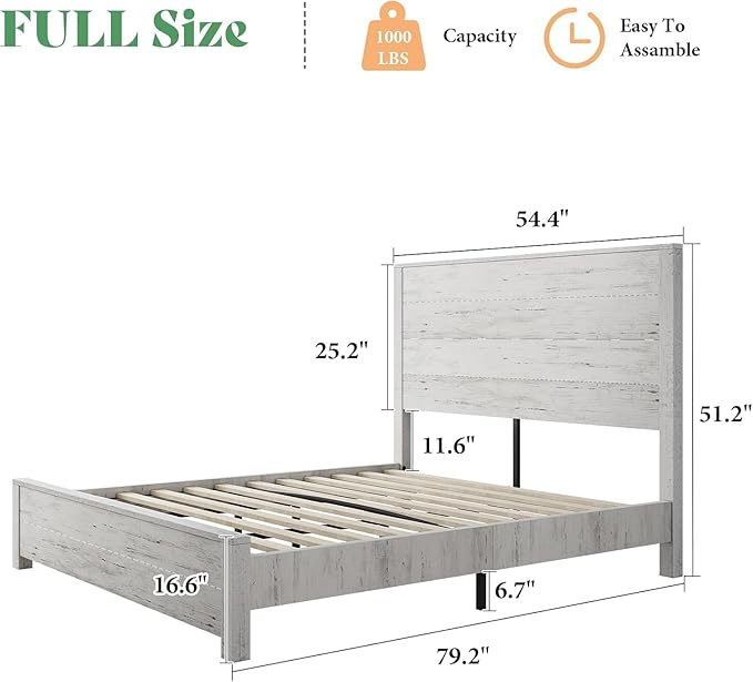 AMERLIFE Full Size 51.2" Wood Bed Frame, Rustic Platform Bed with Spliced Headboard, Wood Slats Support/No Box Spring Needed/Noiseless/Antique White