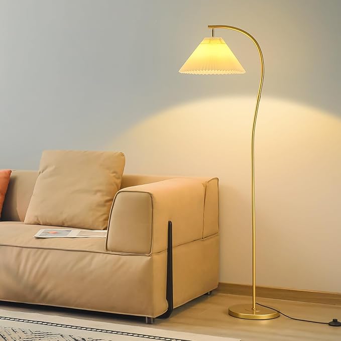 Unique Arc Floor Lamp, Bright 12W Three-Color Dimming, 14-inch Pleated Lampshade, Brass Gold Light Pole, Living Room Corner Bedroom Bedside Office Standing Reading Lamp, Modern Home Decor Tall Light