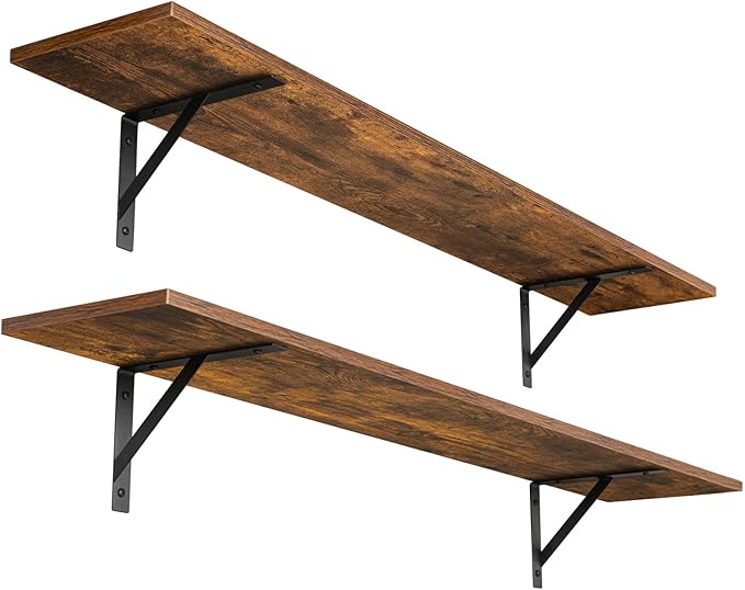DINZI LVJ Long Wall Shelves, 47.3Inch Floating Shelves Set of 2, Extra Large Wall Storage Ledges with Sturdy Metal Brackets for Living Room, Bathroom, Bedroom, Kitchen, Rustic Brown
