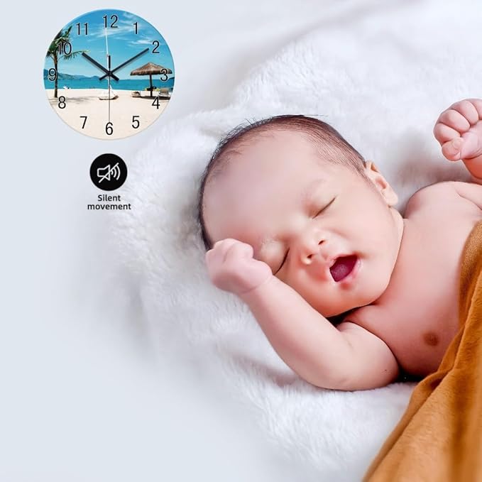 XFM Blue Beach Wall Clock 16 Inch Silent Non Ticking Wall Clocks Battery Operated Tropical Hawaii Coastal Wall Clock for Living Room Bedroom Home Office Decor