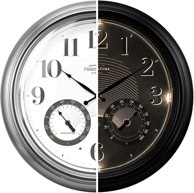 Presentime & Co 18" Illuminated in/Outdoor Atomic Clock with Smart Sensor and Night Light, Waterproof, Large Wall Clock with Thermometer & Hygrometer, for Garden and Patio, Silver.